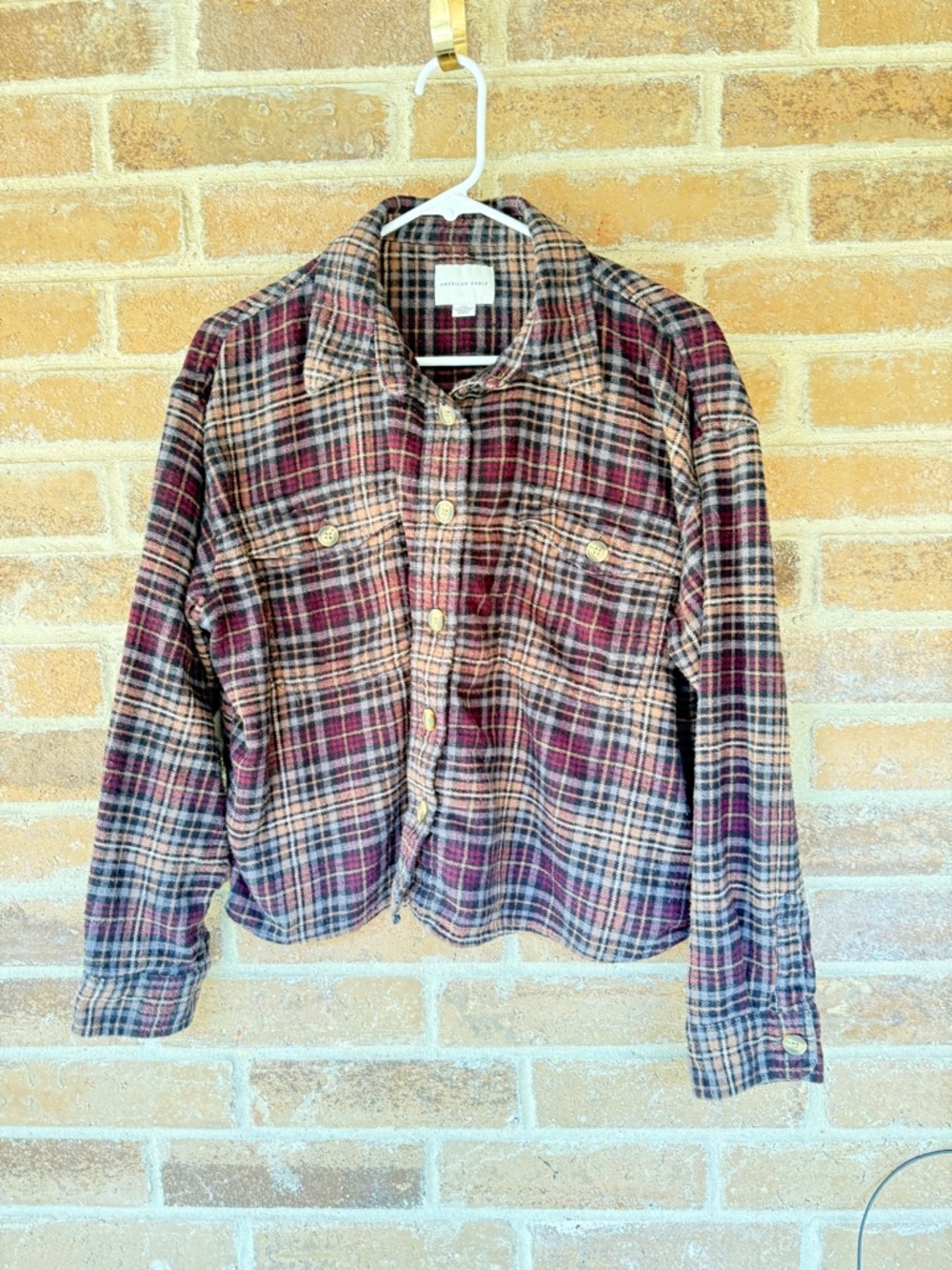 American Eagle Outfitters Burgundy and Brown Plaid Button Jacket